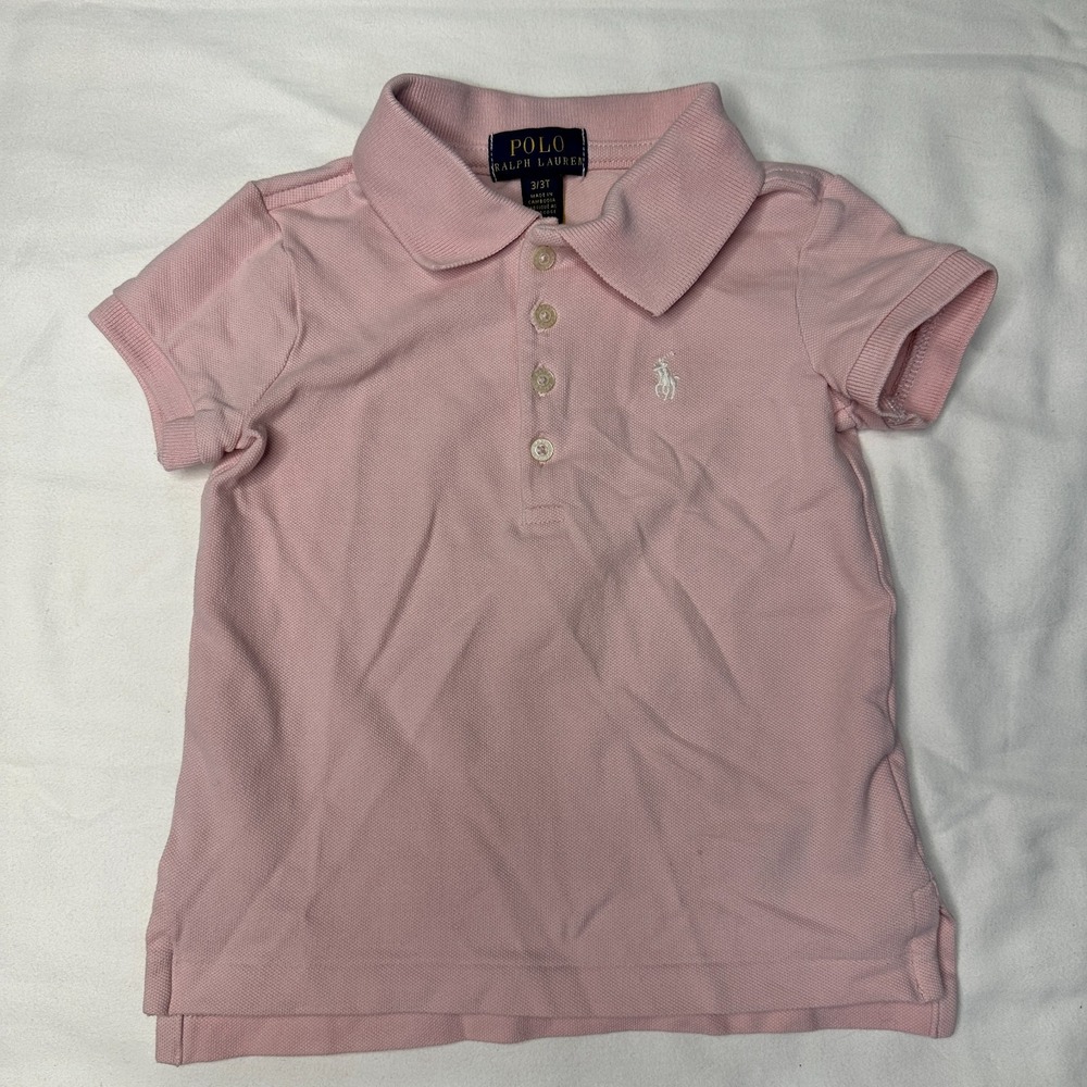 RALPH LAUREN Girls 3T Pink Short Sleeve Polo‎ Shirt White Pony - Picture 2 of 7